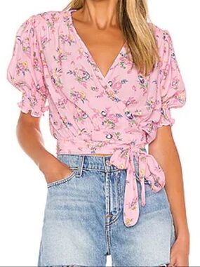 Faithfull the Brand Pink Floral Wrap Tie Crop Top